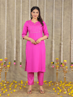 ARAMYA - Women Pink Printed Viscose Straight Kurta with Pant