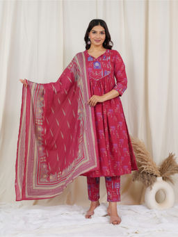 ARAMYA - Women Pink Printed Soft Cotton Kurta with Pant & Dupatta