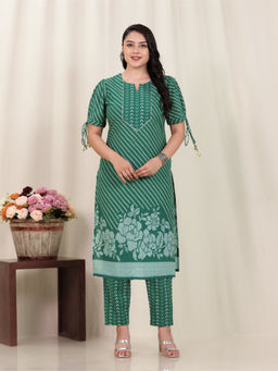 ARAMYA - Women Green Stripes & Floral Print Kurta with Pant