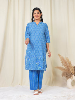 ARAMYA - Women Blue Straight Bandhani Print Kurta with Pant