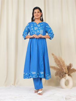 ARAMYA - Women Blue Soft Cotton Panelled Bandhani Print Kurta with Pant