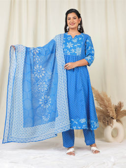 ARAMYA - Women Blue Soft Cotton Panelled Bandhani Print Kurta with Pant & Dupatta