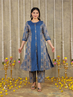 ARAMYA - Women Blue Printed Viscose Kurta with Pant