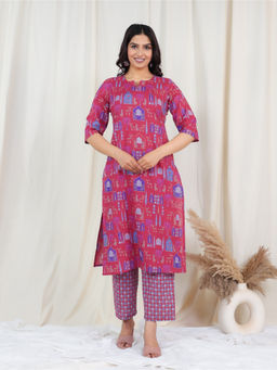 ARAMYA - Women Pink Soft Cotton Straight Print Kurta with Pant
