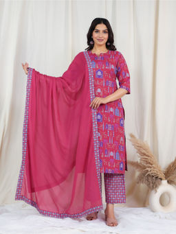 ARAMYA - Women Pink Soft Cotton Straight Print Kurta with Pant & Dupatta