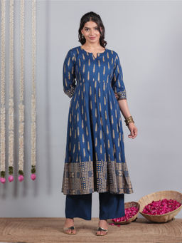 ARAMYA - Women Navy Blue Printed Anarkali Kurta with Palazzo