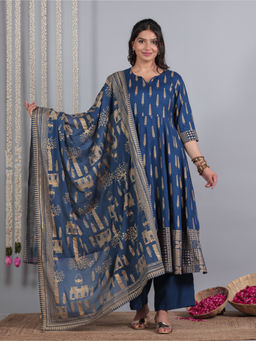 ARAMYA - Women Navy Blue Printed Anarkali Kurta with Palazzo with Dupatta