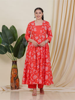 ARAMYA - Women Orange Soft Cotton Bandhani Anarkali Kurta with Pant