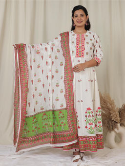 ARAMYA - Women White Floral Printed Anarkali Kurta with Pant & Dupatta