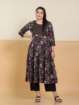 ARAMYA - Women Black Soft Cotton Floral Print Anarkali Kurta with Pant