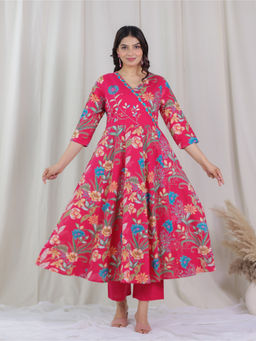 ARAMYA - Women Pink Soft Cotton Floral Print Angrakha Kurta with Pant