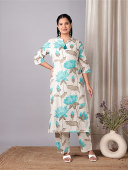 ARAMYA - Women White Floral Print Linen Cotton Kurta with Pant