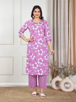 ARAMYA - Women Pink Soft Cotton Straight Floral Print Kurta Pant