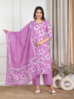 ARAMYA - Women Pink Soft Cotton Straight Floral Print Kurta Pant & Dupatta