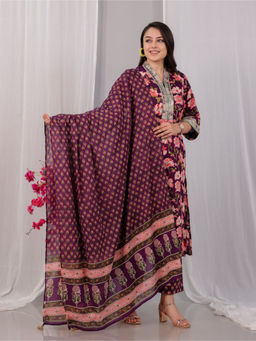 ARAMYA - Women Pink Soft Cotton Straight Floral Print Kurta with Pant & Dupatta