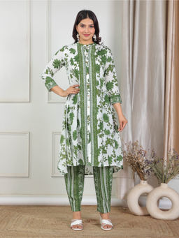 ARAMYA - Women Green Floral Printed Soft Cotton Kurta with Pant