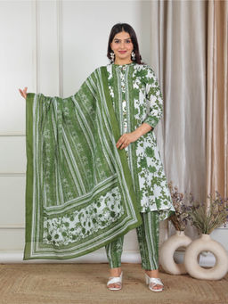 ARAMYA - Women Green Floral Printed Soft Cotton Kurta with Pant & Dupatta