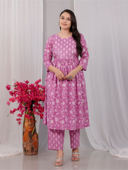 ARAMYA - Women Pink Floral Print Soft Cotton Kurta with Pant