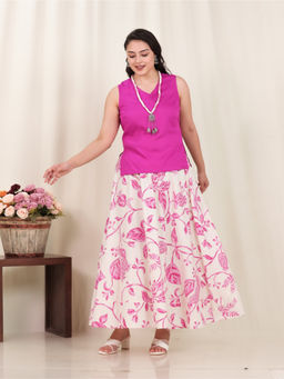 ARAMYA - Women Pink Floral Print Viscose Tunic with Skirt
