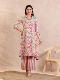 ARAMYA - Women Pink Floral Print Soft Cotton Kurta with Palazzo