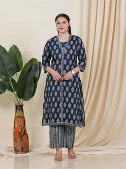 ARAMYA - Women Blue Soft Cotton Floral Print Kurta with Pant