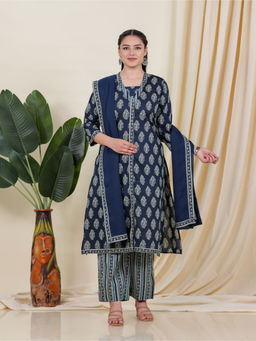 ARAMYA - Women Blue Soft Cotton Floral Print Kurta with Pant & Dupatta