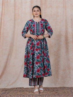 ARAMYA - Women Green Floral Soft Cotton Kurta with Pant