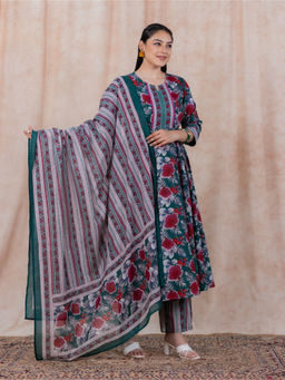 ARAMYA - Women Green Floral Soft Cotton Kurta with Pant & Dupatta
