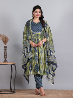 ARAMYA - Women Green Printed Soft Cotton Kurta with Pant & Dupatta