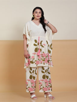 ARAMYA - Women Pink Floral Linen Cotton Print Kaftan Kurta with Palazzo