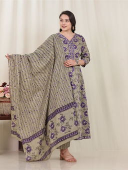 ARAMYA - Women Purple Soft Cotton Floral Print Kurta with Pant & Dupatta