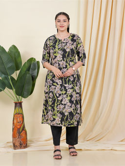 ARAMYA - Women Black Soft Cotton Floral Print Kurta with Pant