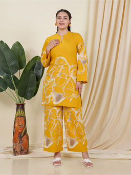 ARAMYA - Women Yellow Floral Print Kurta with Palazzo
