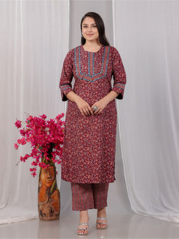 ARAMYA - Women Maroon Soft Cotton Straight Floral Print Kurta with Pant