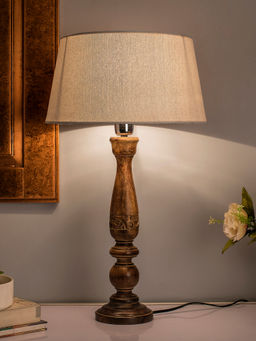 Homesake - Carved Black Wood Table Lamp Khadi Shade
