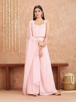 Gajra Gang - Amaira Pink Checks Silver Sequin Strappy Top Palazzo Dupatta GGSKD39 (Set of 3)