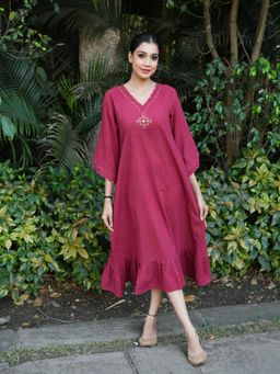 Tasveer India - Burgundy Cotton Slub Hand Embroidery Burgundy Frill Dress