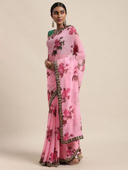 Vastranand - Pink Floral Sequinned Saree with Unstitched Blouse