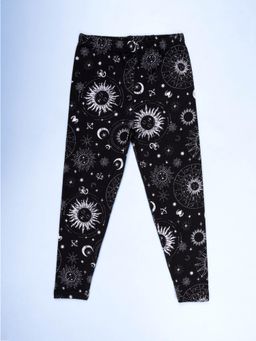 KiddoPanti - Girls Black Cosmic Sun Moon Stars Design AOP Printed Leggings