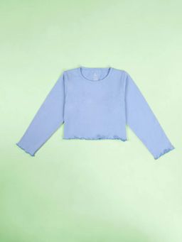 KiddoPanti - Girls Blue Cotton Solid Crop Length Round Neck Full Sleeve T-shirt