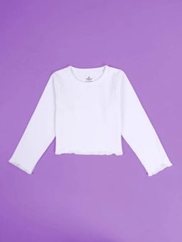 KiddoPanti - Girls White Cotton Solid Crop Length Round Neck Full Sleeve T-shirt