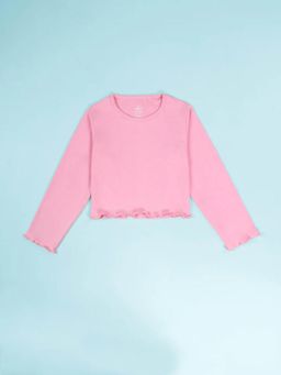 KiddoPanti - Girls Pink Cotton Solid Crop Length Round Neck Full Sleeve T-shirt