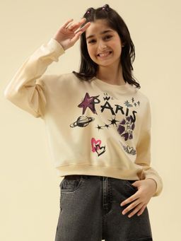 Lil Tomatoes - Girls Looper Knit Full Sleeves Graphic Printed Sweatshirt- Cream