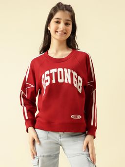 Lil Tomatoes - Girls Looper Knit Full Sleeves Typography Printed Sweatshirt- Red