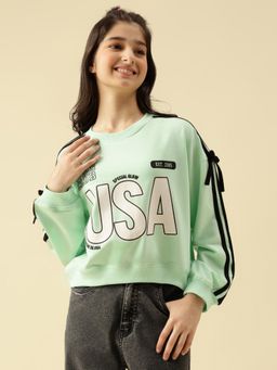 Lil Tomatoes - Girls Looper Knit Full Sleeves Typography Printed Sweatshirt- Green