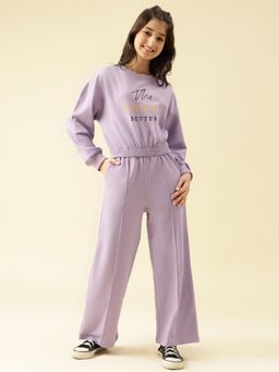Lil Tomatoes - Girls Looper Knit Full Sleeve Flared Typography Track Suit- Purple