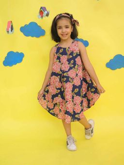 VASTRARTH - Girls Navy Blue Floral Flared Dress with Hairband & Potli Bag