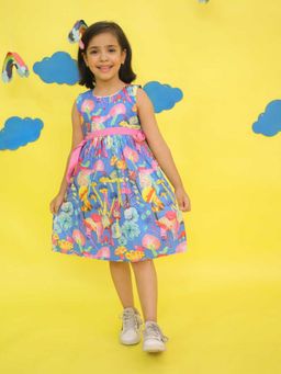 VASTRARTH - Girls Blue Mushrooms Printed Waist Tie-Up Fit & Flare Dress