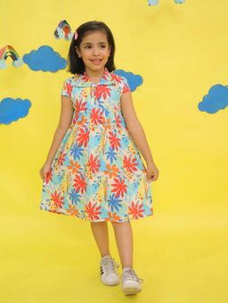 VASTRARTH - Girls Blue Floral Printed Cap Sleeves Fit & Flare Dress
