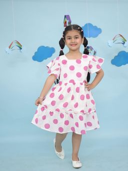 VASTRARTH - Girls White Fit & Flare Polka Dots Printed Cotton Dress